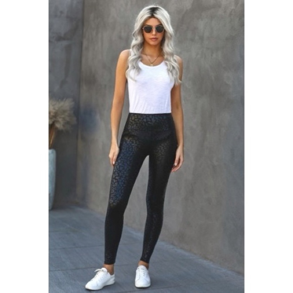 Black Shiny Leopard Print Textured Leggings - Picture 3 of 6